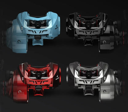 Four baitcasting fishing reels in blue, black, red, and silver on a dark background