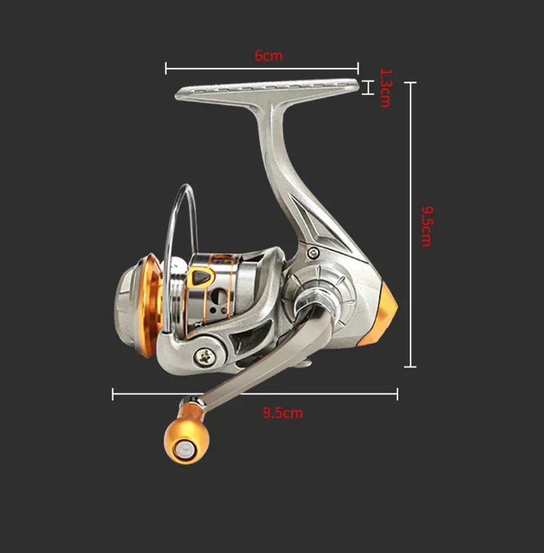Silver and gold spinning fishing reel with size measurements on black background
