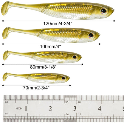 Four gold and silver soft fishing lures in sizes 120mm, 100mm, 80mm, and 70mm with ruler for scale.