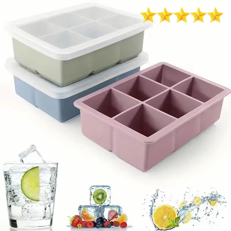 Flexible Silicone Ice Cube Tray with Lid, 6 Cavity Mold