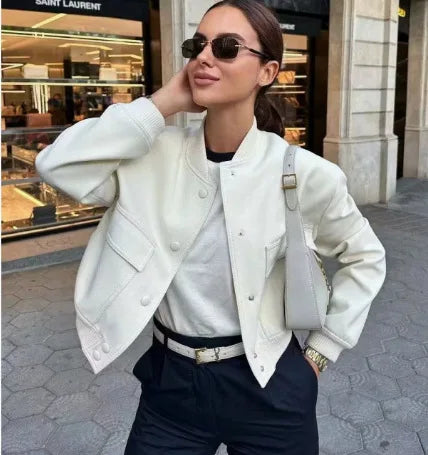Woman Bomber Jacket White Autumn Winter Button Cropped Jackets Women Fashion Long Sleeve Coats