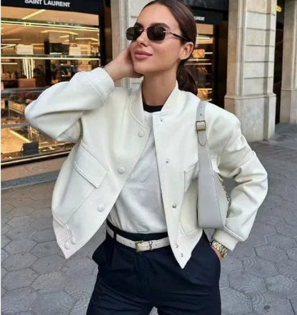 Woman Bomber Jacket White Autumn Winter Button Cropped Jackets Women Fashion Long Sleeve Coats