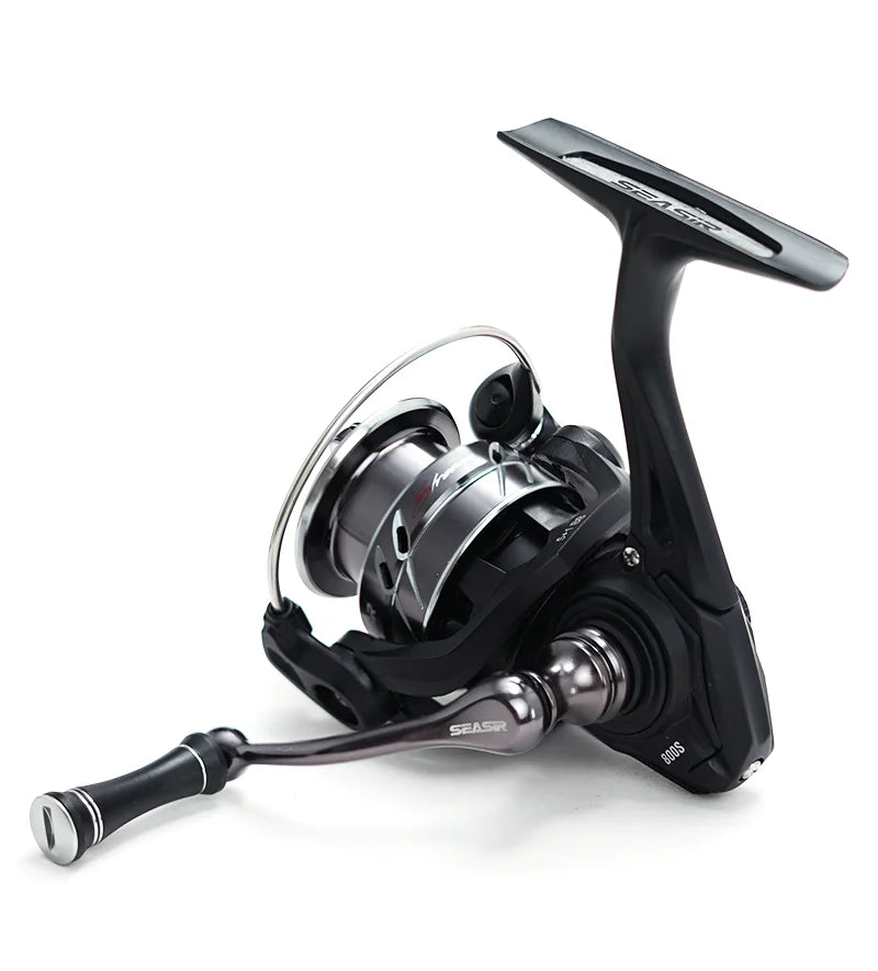 Black and silver spinning fishing reel with ergonomic handle, ideal for outdoor fishing gear
