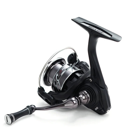 Black and silver spinning fishing reel with ergonomic handle, ideal for outdoor fishing gear