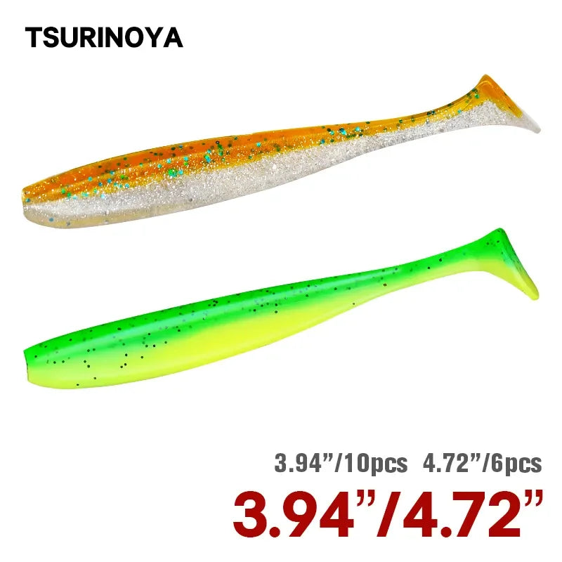 Two soft plastic fishing lures, one orange-silver glitter and one green-yellow, paddle tail design.