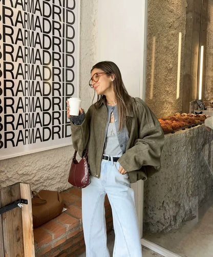 Spring Women's Suede Lapel Bomber Jacket by HookUpCo.