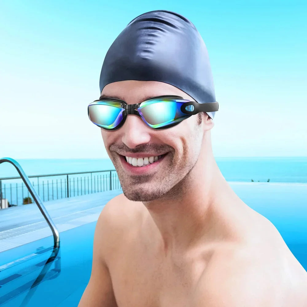 Men wearing HookUpCo anti-fog UV swim goggles with blue mirrored lenses and black adjustable strap.