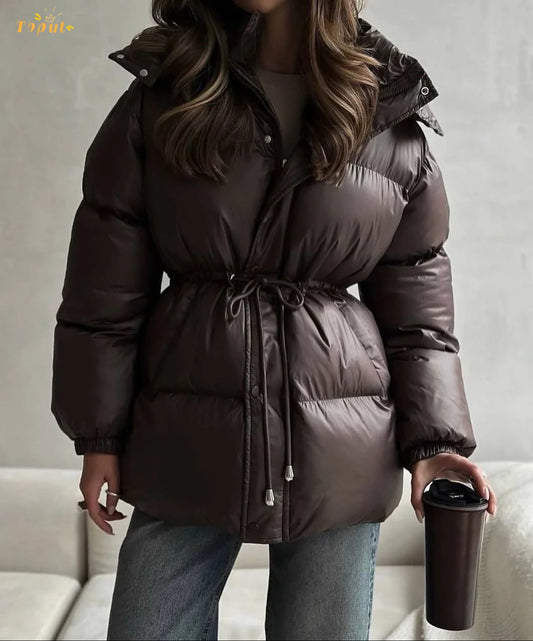 HookUpCo. Women's Brown Lace-Up Cotton Coat for Winter Warmth