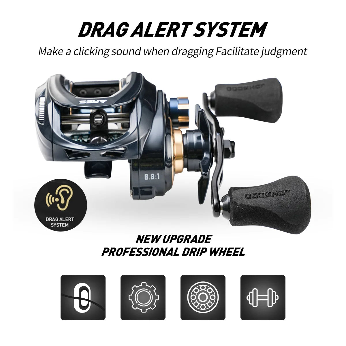Baitcasting fishing reel with drag alert system and ergonomic handles, new professional upgrade.
