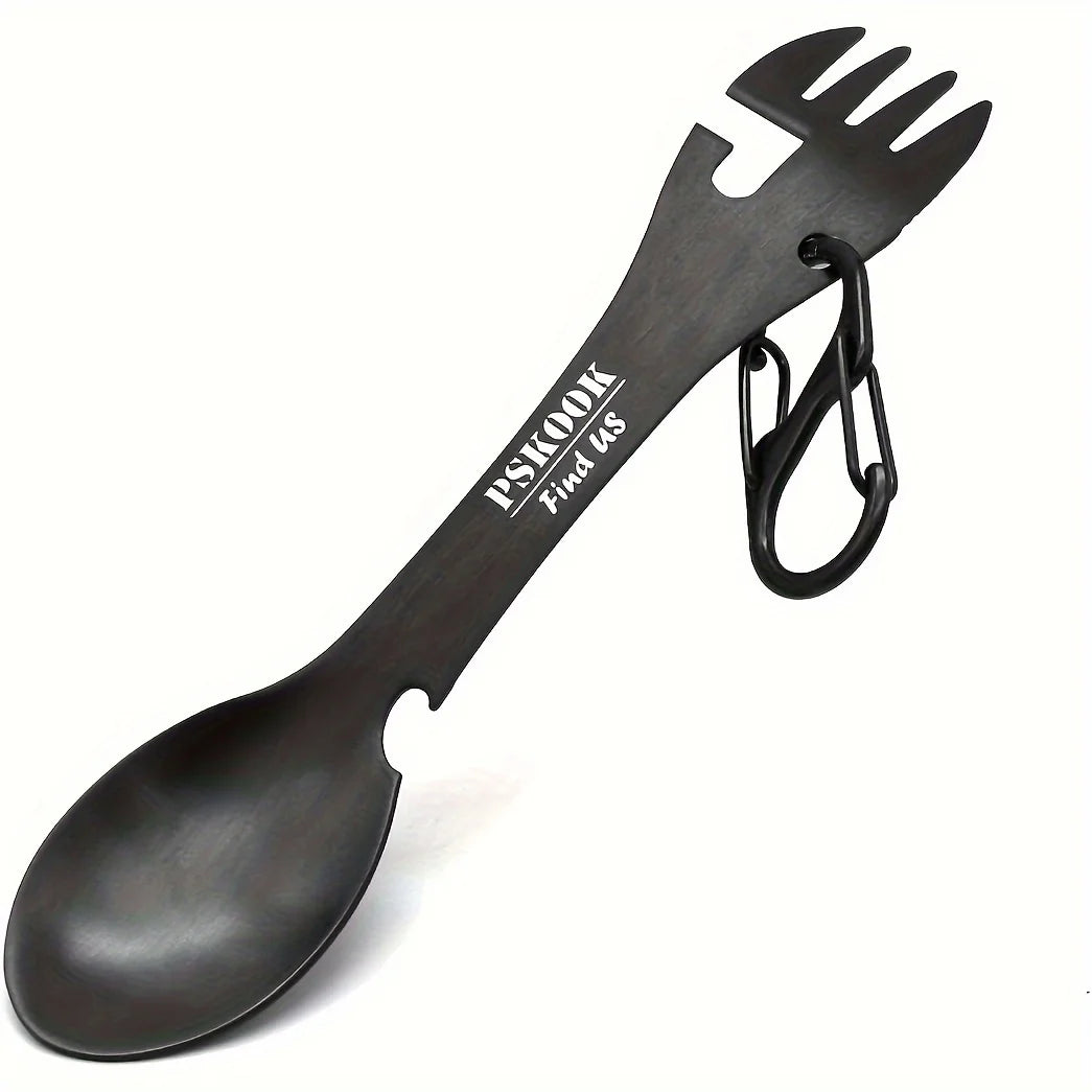 HookUpCo 5-in-1 survival tool, black metal spade with foldable hand fork and carabiner keyring.