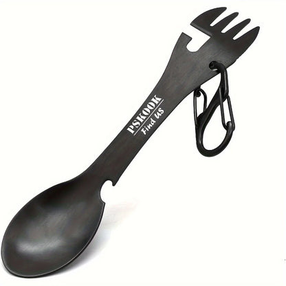 HookUpCo 5-in-1 survival tool, black metal spade with foldable hand fork and carabiner keyring.