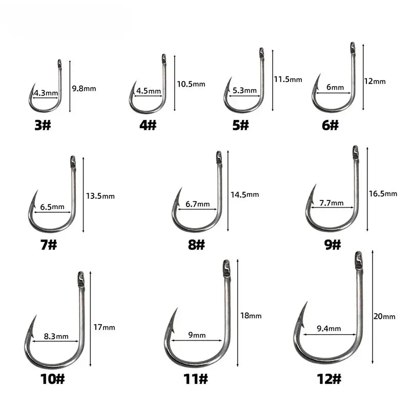 Set of fishing hooks with labeled sizes and dimensions on a white background
