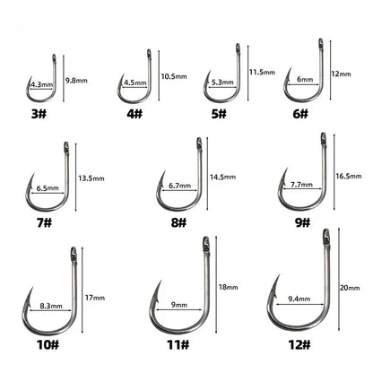 Set of fishing hooks with labeled sizes and dimensions on a white background