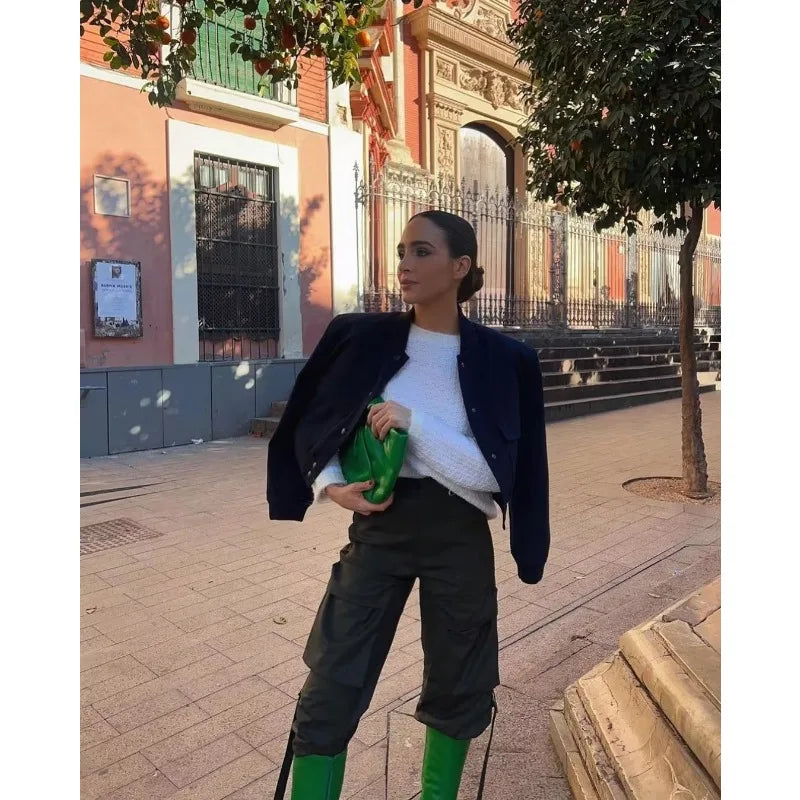 Woman Bomber Jacket White Autumn Winter Button Cropped Jackets Women Fashion Long Sleeve Coats