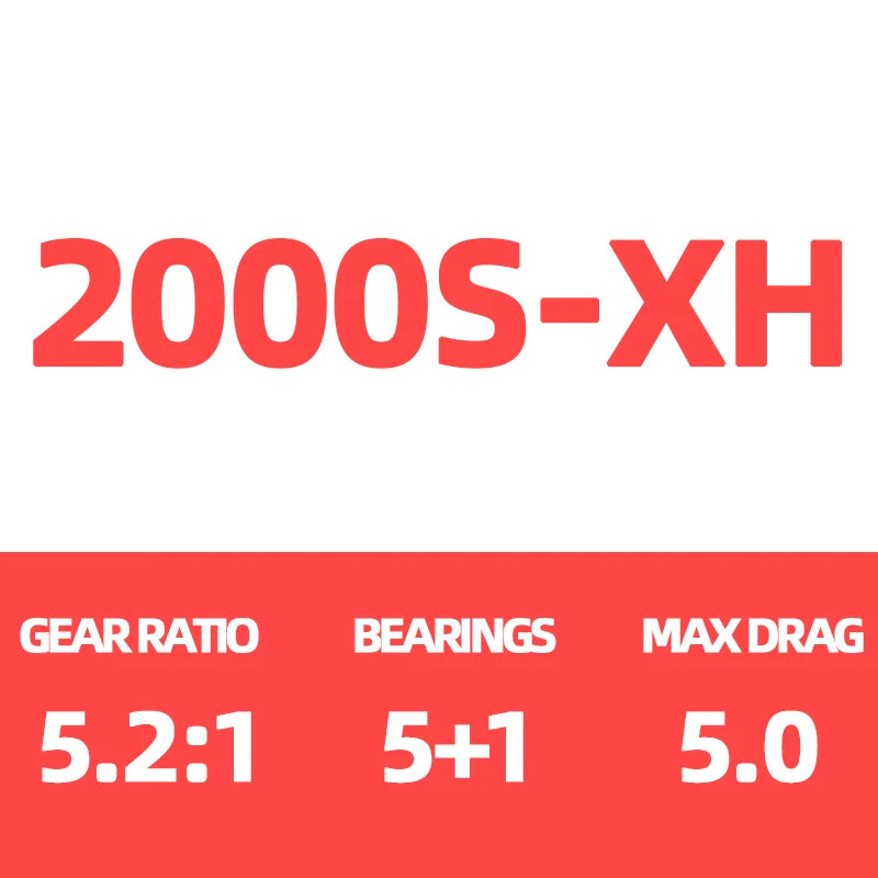 Fishing reel specs image, 2000S-XH, gear ratio 5.2:1, 5+1 bearings, max drag 5.0 kg.