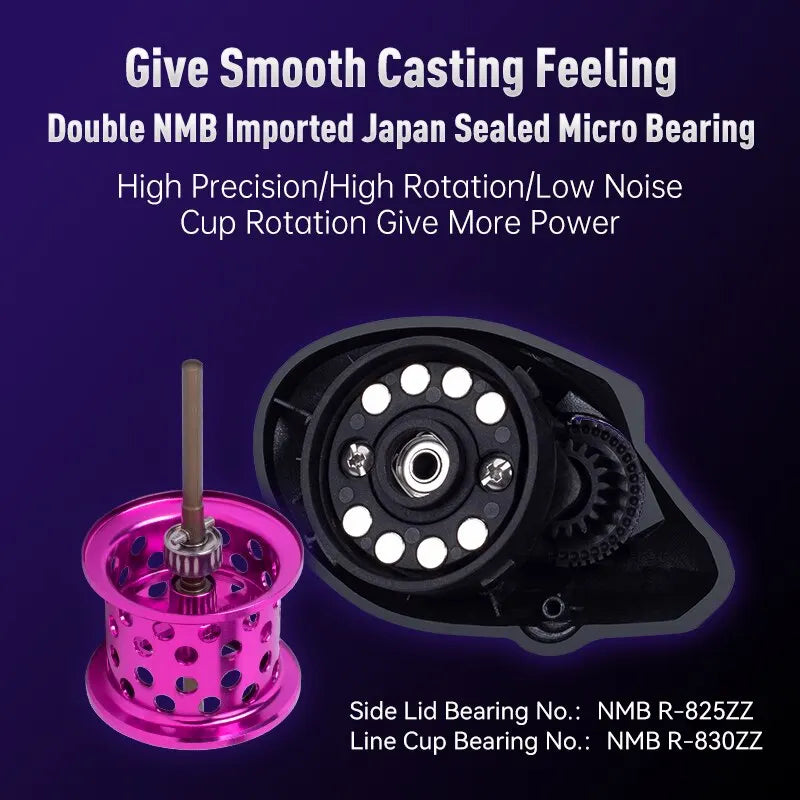 Close-up of a fishing reel spool and internal bearing, highlighting high precision NMB micro bearings for smooth casting.