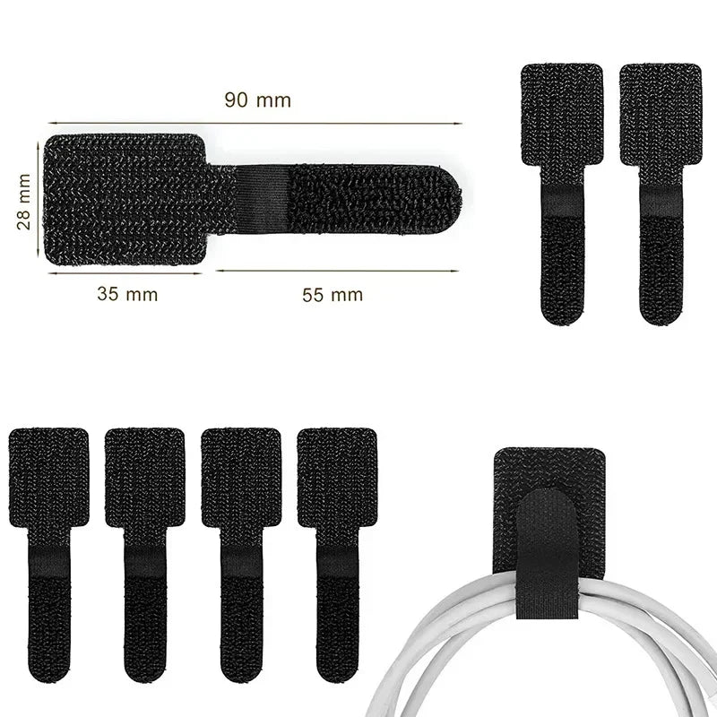 Set of 20 black woven hook and loop cable straps for bundling cords with textured fabric.