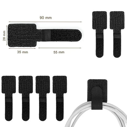 Set of 20 black woven hook and loop cable straps for bundling cords with textured fabric.