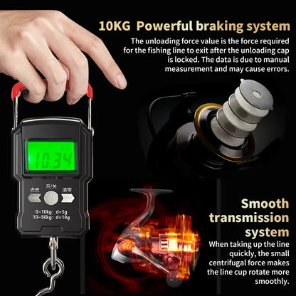 Digital scale measuring fishing reel braking system, showing 10.34 kg and smooth transmission system.