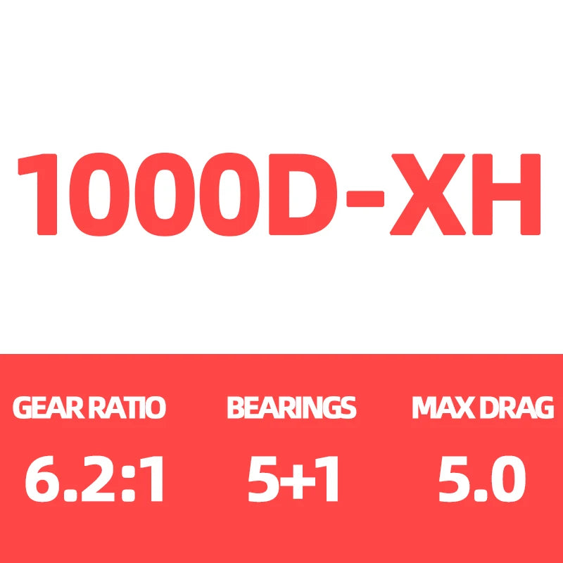 Fishing reel 1000D-XH specs with 6.2:1 gear ratio, 5+1 bearings, 5.0 max drag