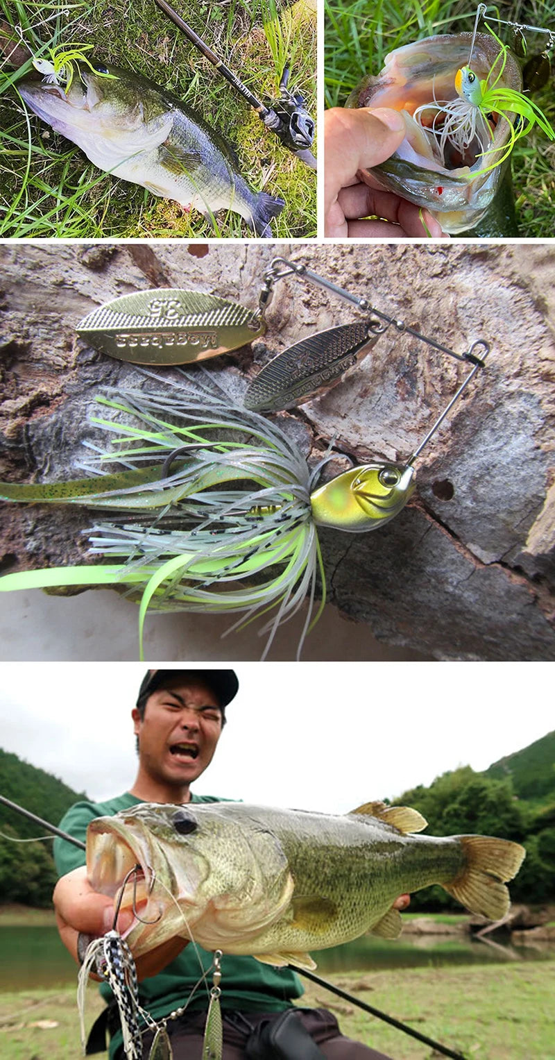 Collage showing a fishing lure for bass, a caught fish, and an angler holding a largemouth bass outdoors.