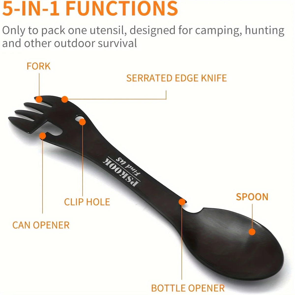Black 5-in-1 survival tool spoon, fork, serrated knife, can opener, bottle opener with clip hole.