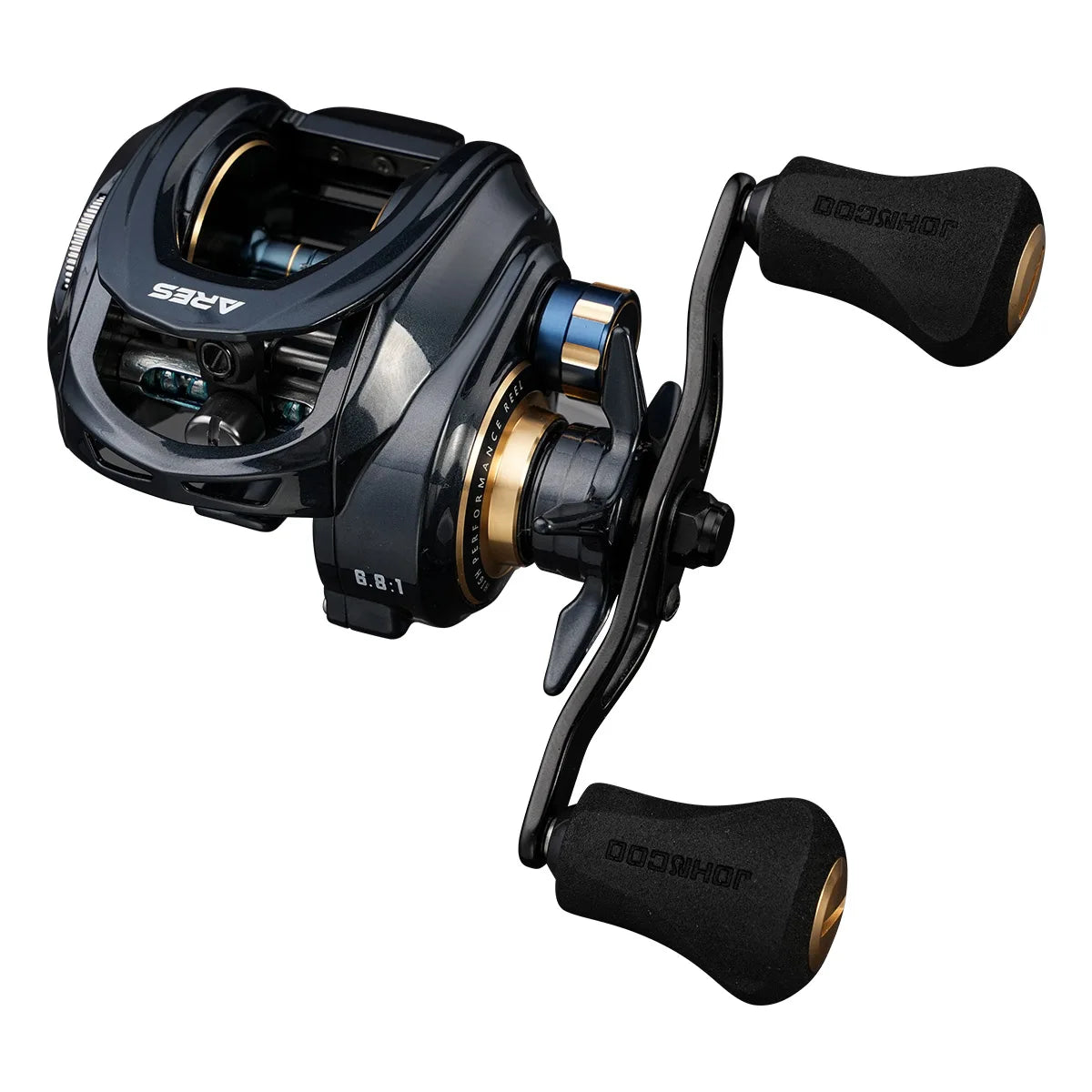 Close-up of a black and gold baitcasting fishing reel with dual handles.