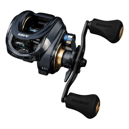 Close-up of a black and gold baitcasting fishing reel with dual handles.