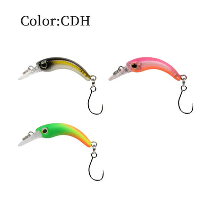 Three colorful fishing lures with single hooks on white background, labeled Color: CDH.