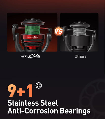 Comparison of red and black spinning reels, highlighting 9+1 stainless steel anti-corrosion bearings.