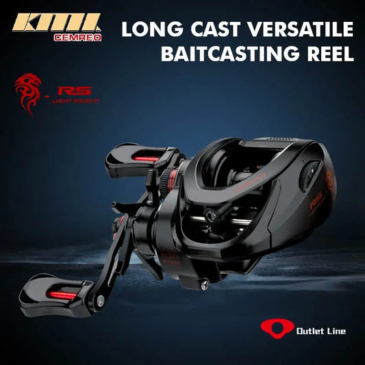 Long cast versatile black baitcasting reel with ergonomic handle, lightweight design