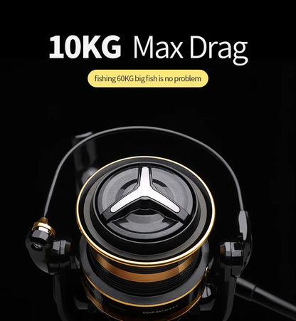 Close-up of a black and gold fishing reel with 10kg max drag, durable outdoor gear.
