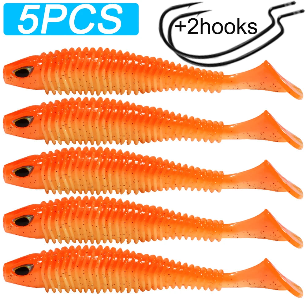 Set of 5 orange ribbed soft bait lures with 2 fishing hooks for outdoor fishing