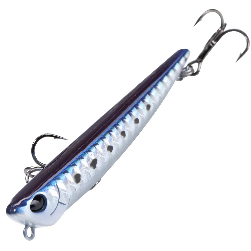 Silver and blue fishing lure with two treble hooks, detailed fish scale pattern
