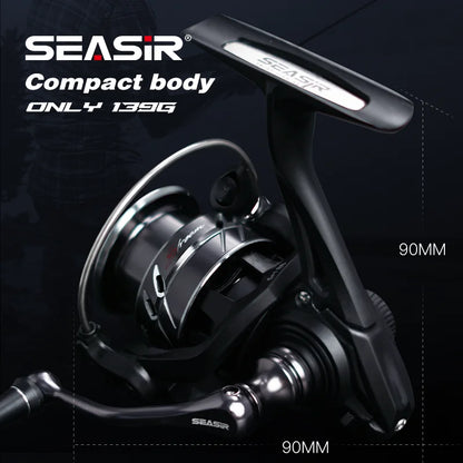 Compact lightweight fishing reel, black and silver, 90mm size, detailed close-up