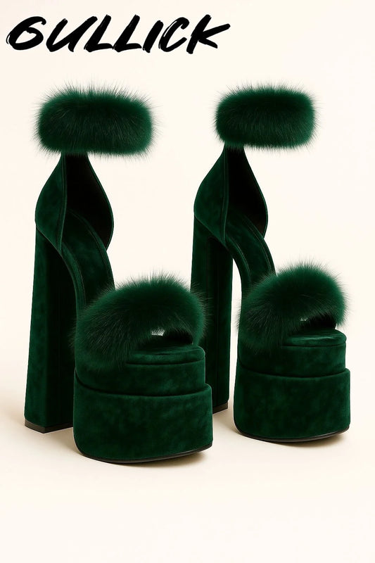 Luxury Green Fur Heeled Sandals for Summer Chic Style