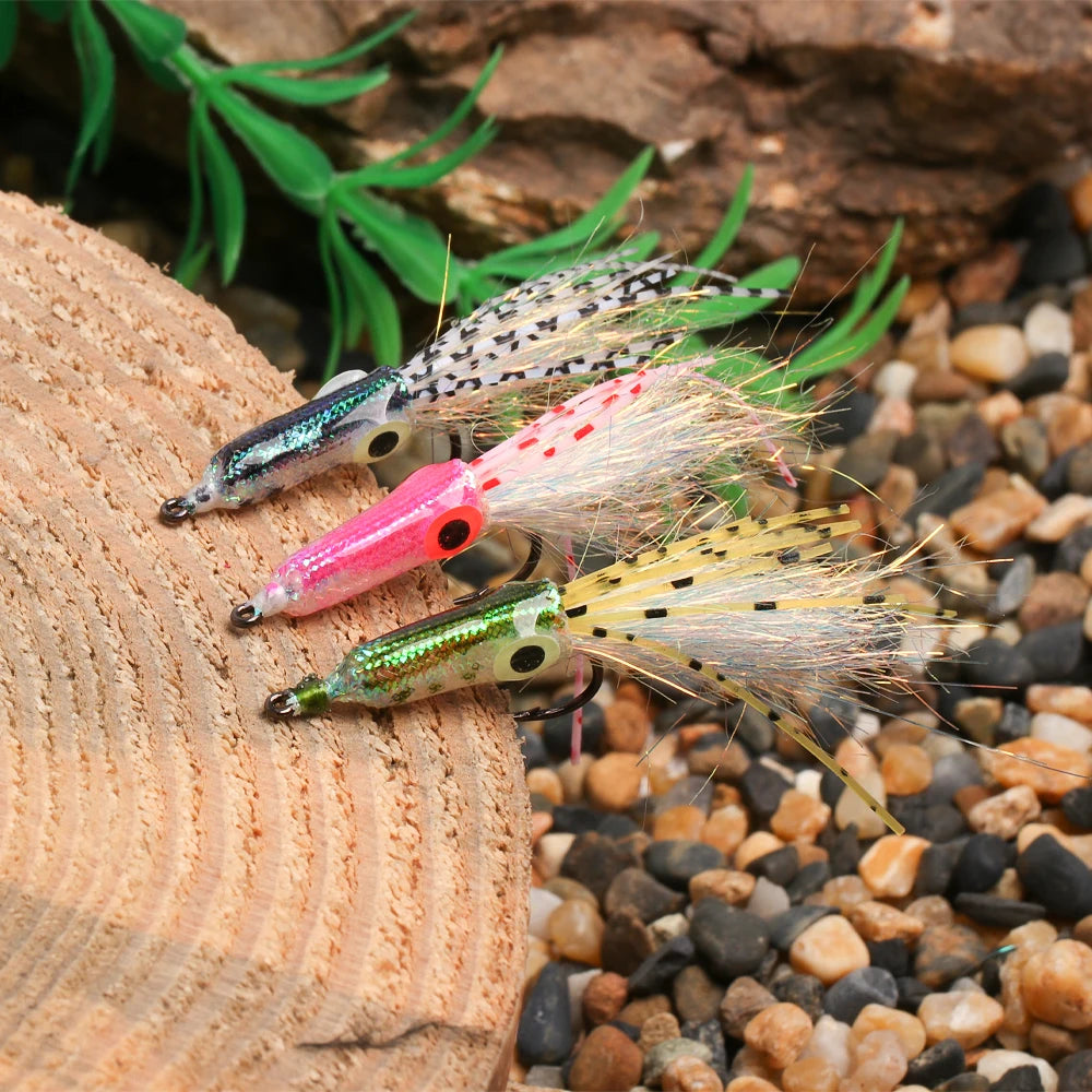 Colorful fishing lures with glitter detail on wood, outdoor fishing gear scene