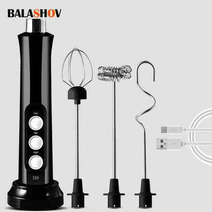 Black handheld blender with attachments on a light gray background, featuring the brand 'Balashov'.