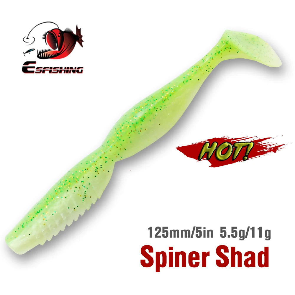 Green soft plastic fishing lure with glitter, labeled Spiner Shad, 125mm, 5.5g, 11g.
