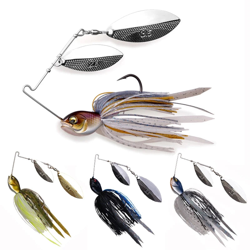 Assorted spinnerbait fishing lures with realistic fish heads and colorful silicone skirts