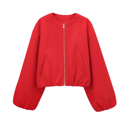 Soft Red Zipper Bomber Jacket for Women - Sporty Style