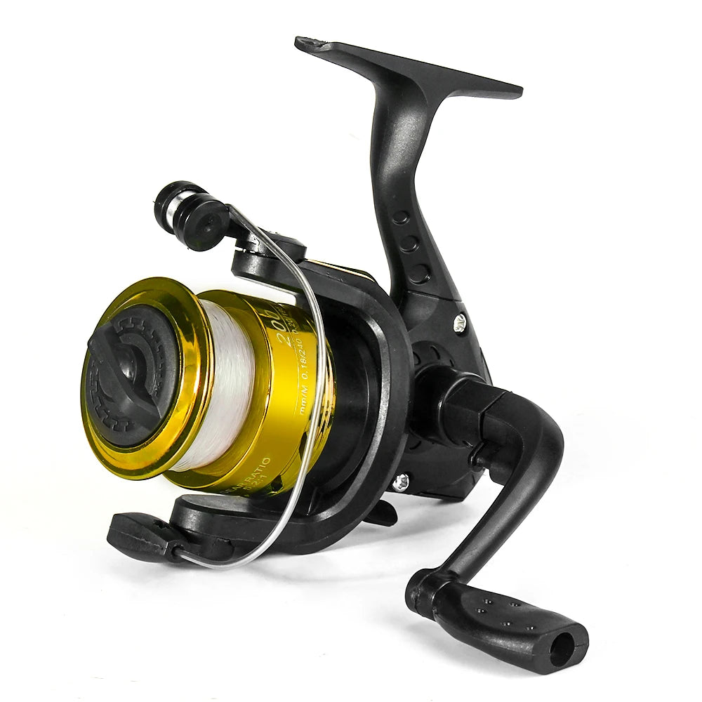 Black and gold spinning fishing reel with line for outdoor angling equipment