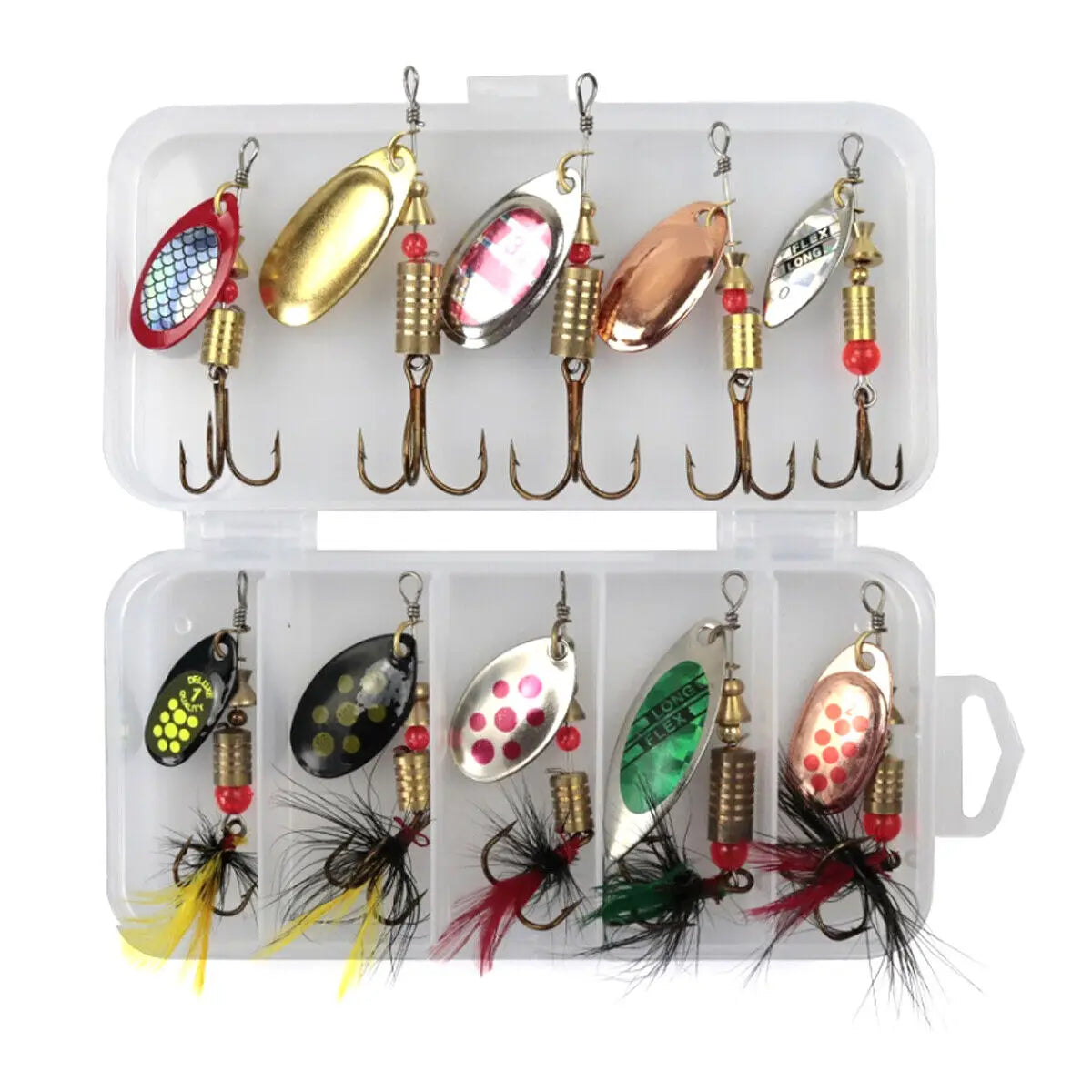 Assorted fishing lures and spinners kit with treble hooks in a clear tackle box