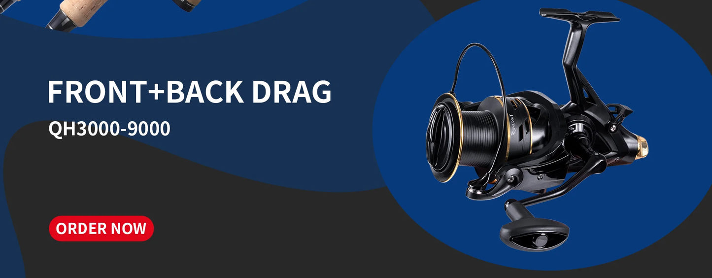 Black fishing reel QH3000-9000 with front and back drag for outdoor angling gear