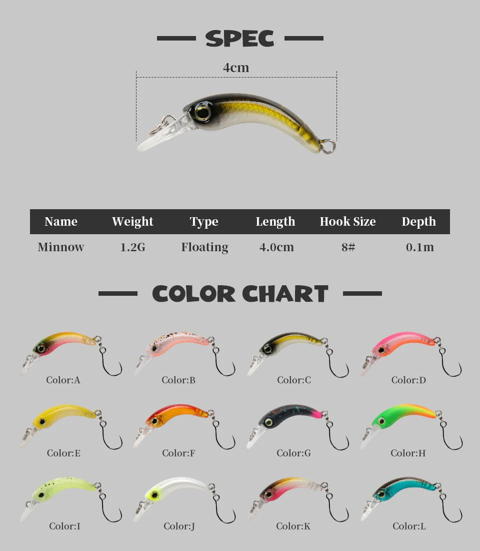 Floating minnow fishing lure, 4cm, 1.2g, available in various colors with size 8 hook.