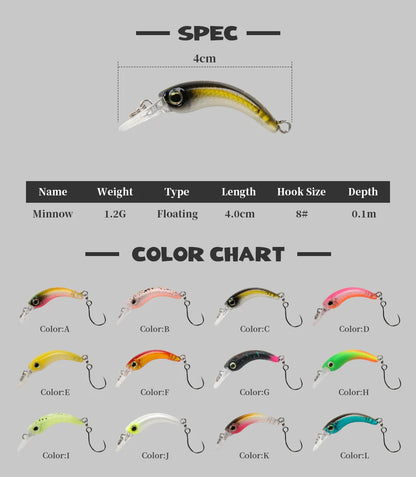 Floating minnow fishing lure, 4cm, 1.2g, available in various colors with size 8 hook.