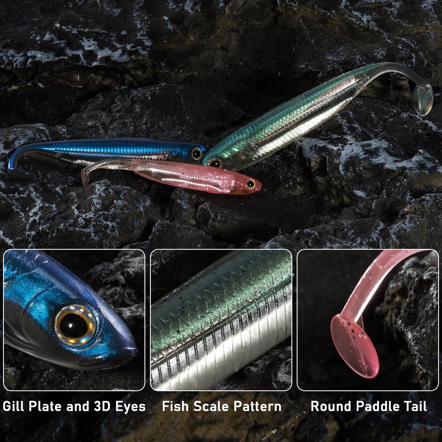 Realistic soft plastic fishing lures with 3D eyes, fish scale pattern, and round paddle tail.