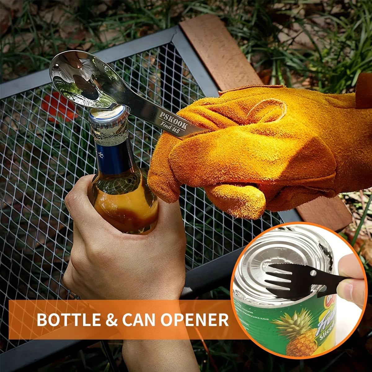 HookUpCo 5-in-1 survival tool with integrated bottle and can opener on dark gray metal.