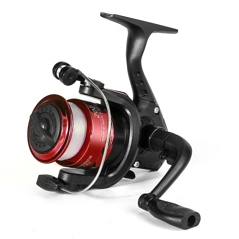 Spinning fishing reel with red and black design, durable outdoor angling equipment