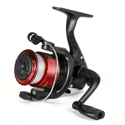 Spinning fishing reel with red and black design, durable outdoor angling equipment